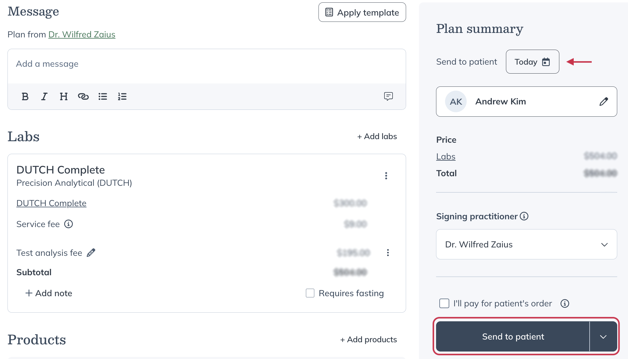 Review plan page with sent to patient button highlighted and the option to scheduled the plan for later called out.